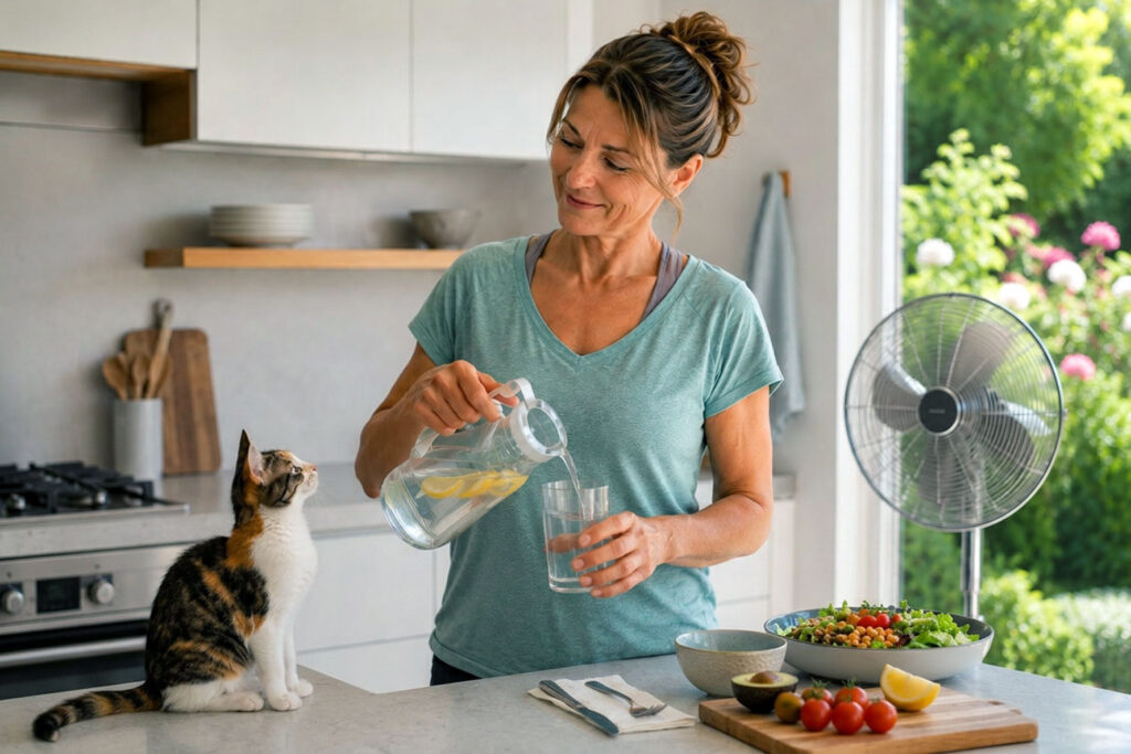 White woman in airy kitchen pouring water into a glass while calico kitten sitting on counter watches. Healthy food prepared for lunch on counter. Fan and window looking onto garden in background right.