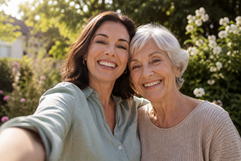 Smiling woman in her mid-40s takes a joyful selfie with her mother in her early 70s in a sunlit summer garden, celebrating health, happiness, and connection across generations.