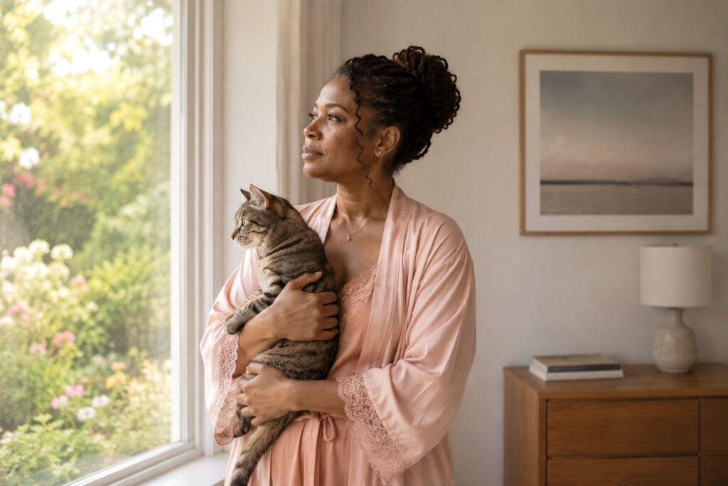 Black woman in elegant blush-toned nightwear stands in a bright bedroom holding a tabby cat while gazing out a window overlooking a blooming garden, capturing a quiet moment of reflection on a peaceful morning.