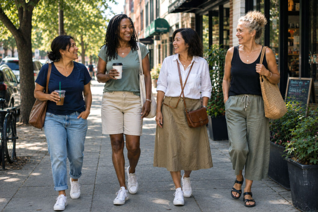 Four women in early 50s of diverse ethnic backgrounds and different heights walk together along a sunny urban sidewalk, chatting and smiling in casual summer clothing, including jeans, shorts, a skirt, and linen pants, creating a warm and relatable scene of friendship and wellness.