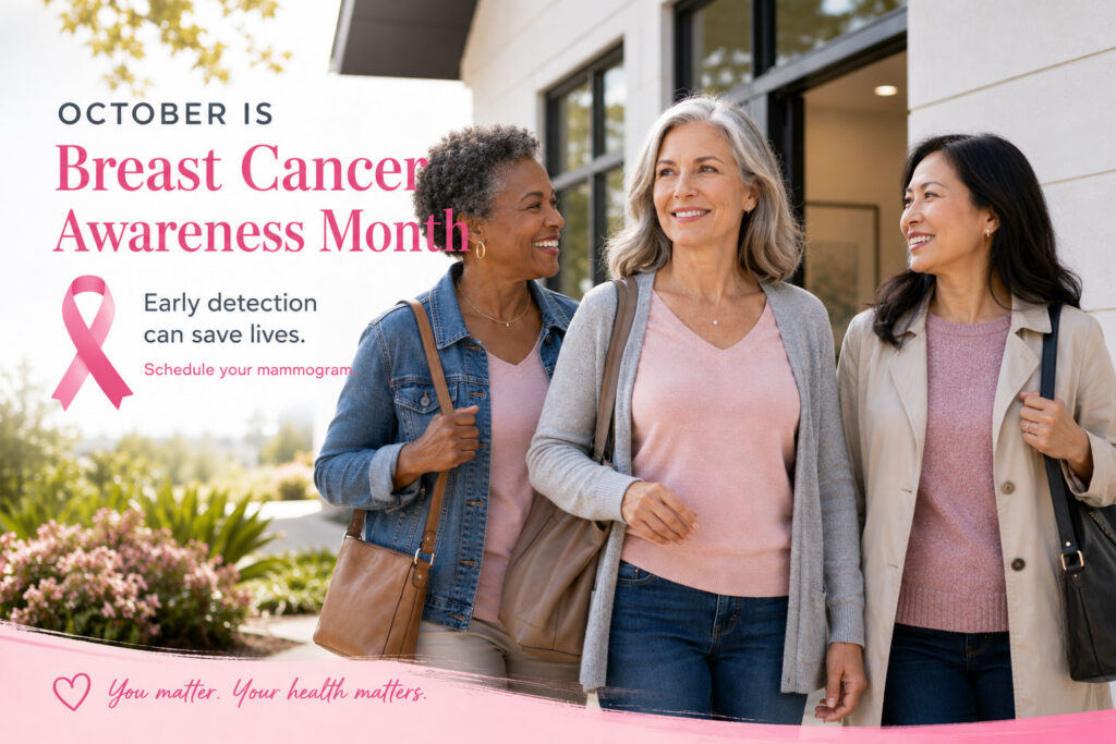 Three women in their 50s—one Black, one Asian, and one White—walk together outside a modern medical clinic during Breast Cancer Awareness Month, smiling and supporting one another beneath a pink awareness ribbon and early detection message.