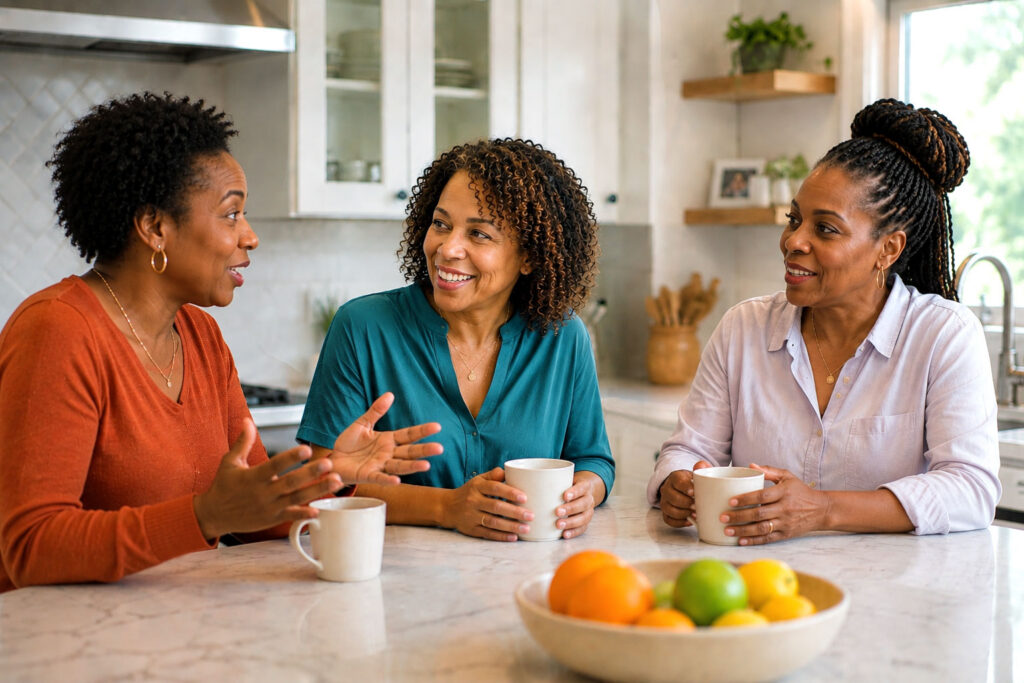 Three Black women in their 40s to 60s sit together at a kitchen island, sharing coffee and an animated conversation.