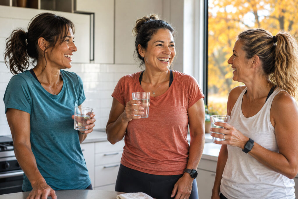 Three women in their late 40s stand in a bright modern kitchen after a run, smiling and chatting while drinking glasses of water. Autumn foliage in shades of gold and orange is visible through a large window.
