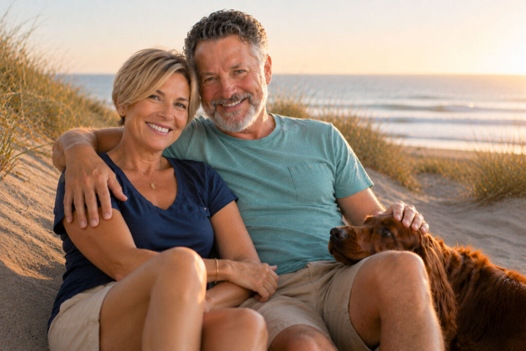 Smiling middle-aged couple in casual summer clothing sit together on a sandy beach dune at sunset with their Irish Setter.