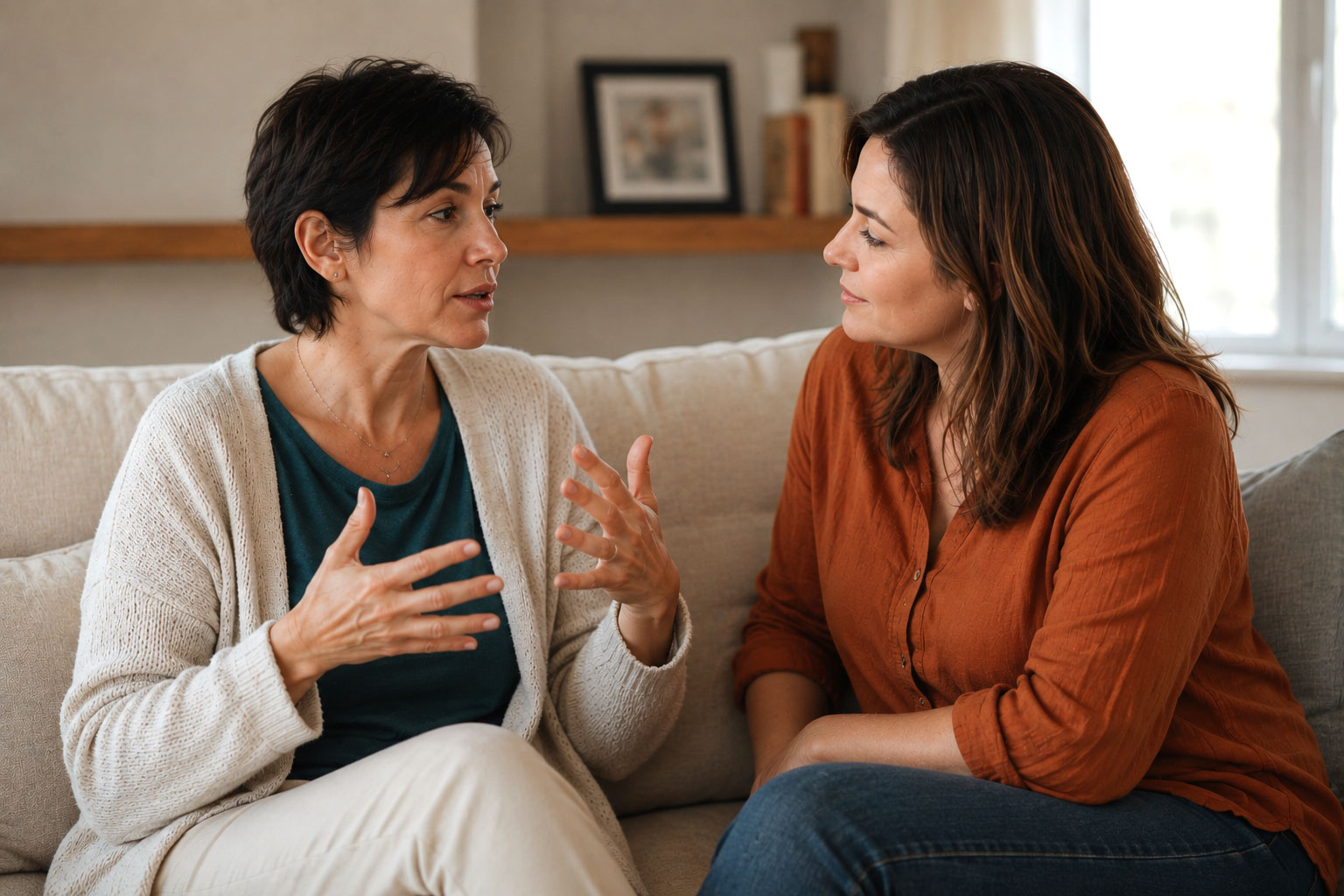 Two women in their 40s sit together on a sofa in a warmly lit living room, with one speaking expressively using animated hand gestures while the other listens attentively, creating a supportive and empathetic atmosphere.