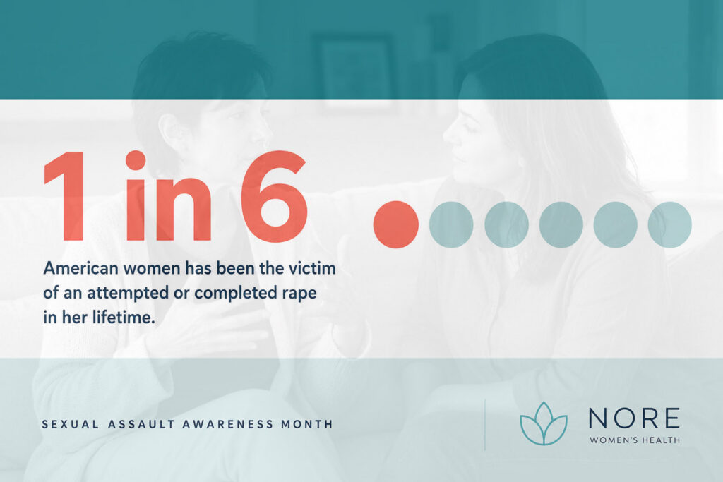 Graphic for Sexual Assault Awareness Month featuring the statistic “1 in 6” in bold coral text over a soft, teal-toned image of two women having a supportive conversation, with Nore Women’s Health branding and message that 1 in 6 American women experience attempted or completed rape in their lifetime.