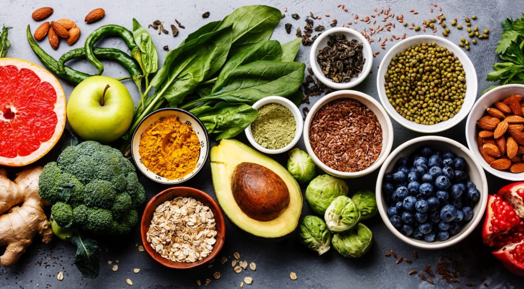 Vitamin Header Background Variety of legumes, fruits & vegetables for a healthy diet