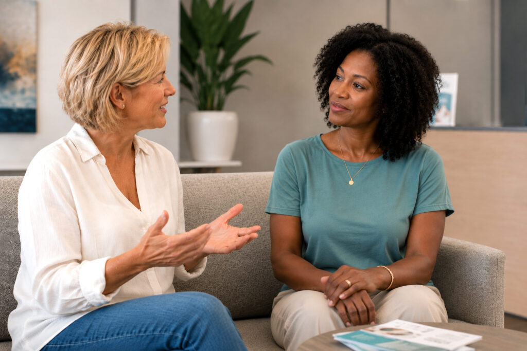Two women in their late 40s sit in a modern clinic waiting room, engaged in a warm conversation about wellness and vitamin therapy. A blonde woman gestures as she speaks while a Black woman listens attentively.