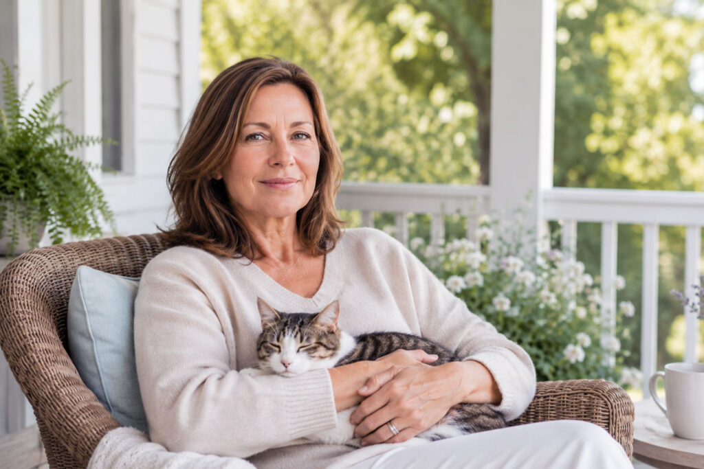 Woman in early 50s sitting on a sunny porch with a sleeping tabby cat in her arms, looking calmly toward the viewer while enjoying a peaceful summer day surrounded by soft greenery.
