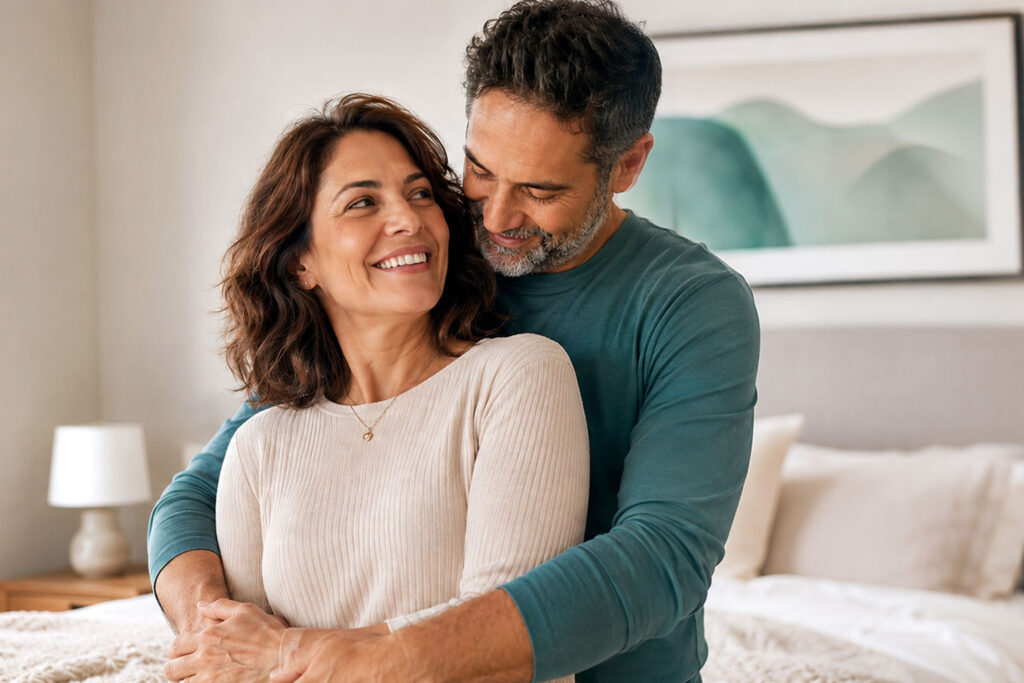 Middle-aged couple sharing a warm embrace in a bright, sunlit bedroom, smiling at each other with affection and confidence, conveying intimacy, connection, and renewed well-being.