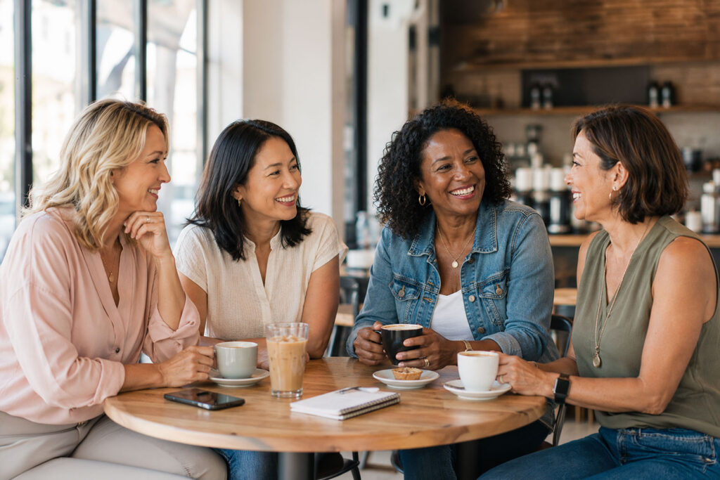 Four women in their 40s to 60s with diverse backgrounds and distinct personal styles talking in a inside cafe setting.