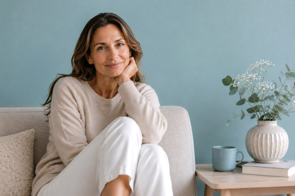 Woman in her late 40s sitting comfortably on a sofa in a bright, calming living room, looking directly at the viewer with a relaxed, confident expression.