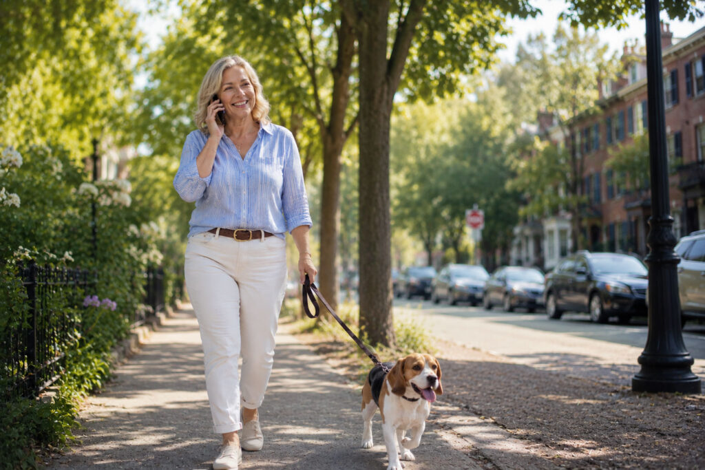 Confident woman in late 40s with blonde hair walking a beagle, talking on her cellphone tree-lined neighborhood sidewalk, enjoying an active, everyday moment outdoors.