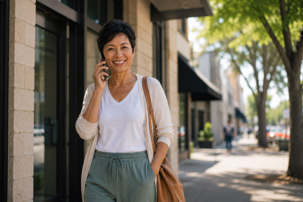 Woman in her late 40s with short black hair walking outside a healthcare clinic, talking on her cellphone in a local business neighborhood setting