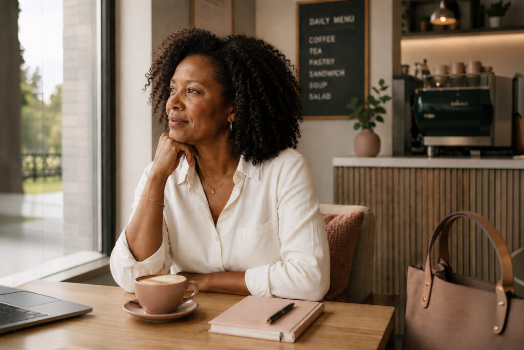 Black woman sitting in cafe with chin on hand looking out the window with pensive calm exxpression
