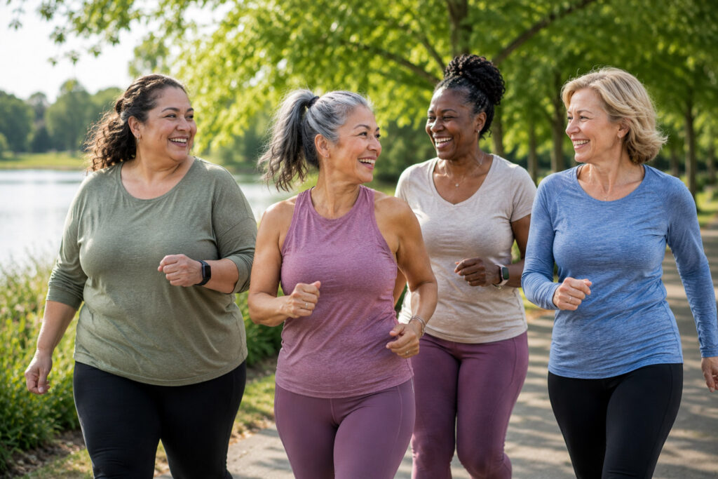 4 middle aged women running outside for exercise