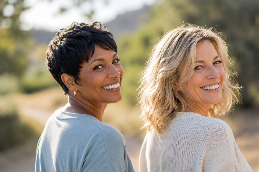 Two confident women in their late 40s—one Black with short hair and one white with shoulder-length blonde hair—smile over their shoulders outdoors, framed by a softly blurred natural background in bright daylight.