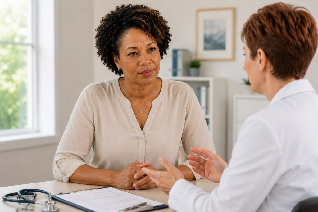 Black woman in her late 40s discussing menopause symptoms with a healthcare clinician during a one-on-one consultation in medical office, conveying trust, support, and personalized women's healthcare.