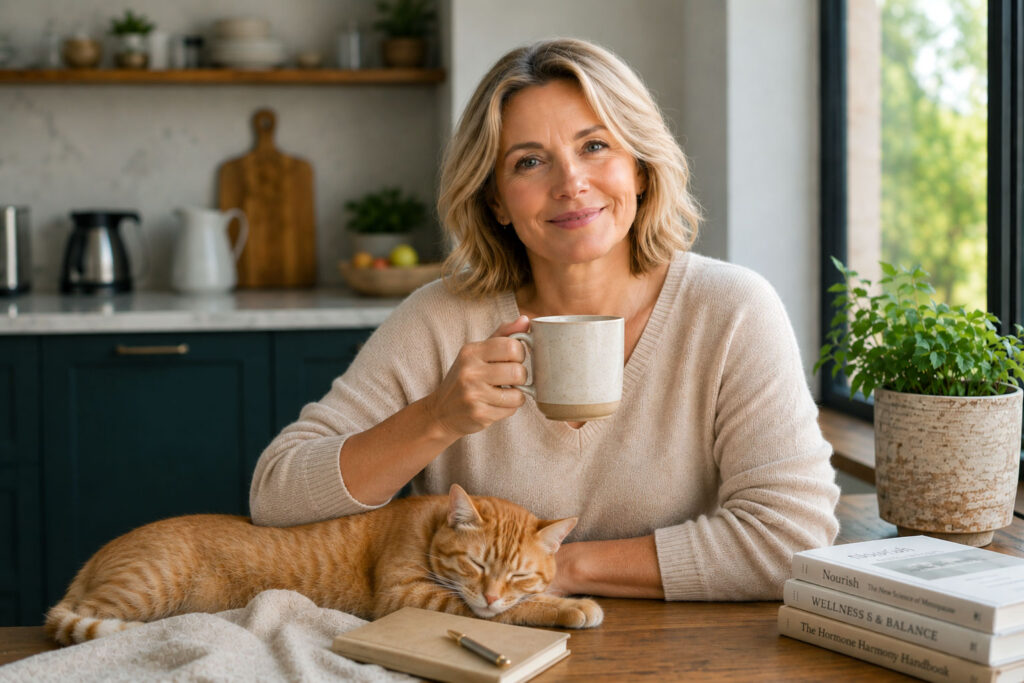 Woman in her late 40s with short blonde hair sitting at a kitchen table holding a coffee mug while looking confidently at the camera, with a sleeping orange tabby cat resting beside her, conveying comfort, wellness, and everyday confidence.