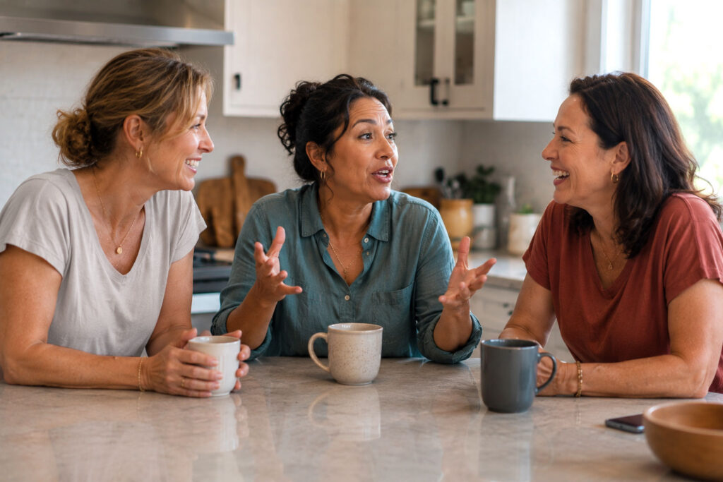 Three women in their 40s gathered around a kitchen island, laughing and talking animatedly over coffee in a bright, modern kitchen.