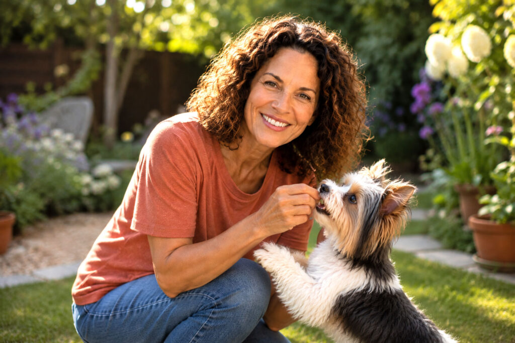 Woman in her early 50s smiling while playing with her Biewer Terrier in a sunlit garden, sharing a joyful moment surrounded by lush greenery and blooming flowers.