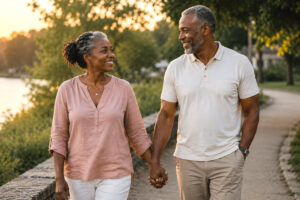 Black couple in their mid-50s holding hands and walking along a lakeside path at sunset, sharing a warm smile during an early summer evening stroll.