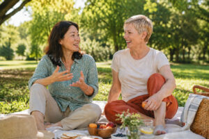 Two women in late 40s enjoying a summer picnic on a grassy lawn, with a Chinese woman gesturing as she talks and a blonde woman listening attentively surrounded by trees