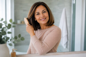 Smiling mid 50's white woman brushing hair in bathroom mirrow looking confident and happy