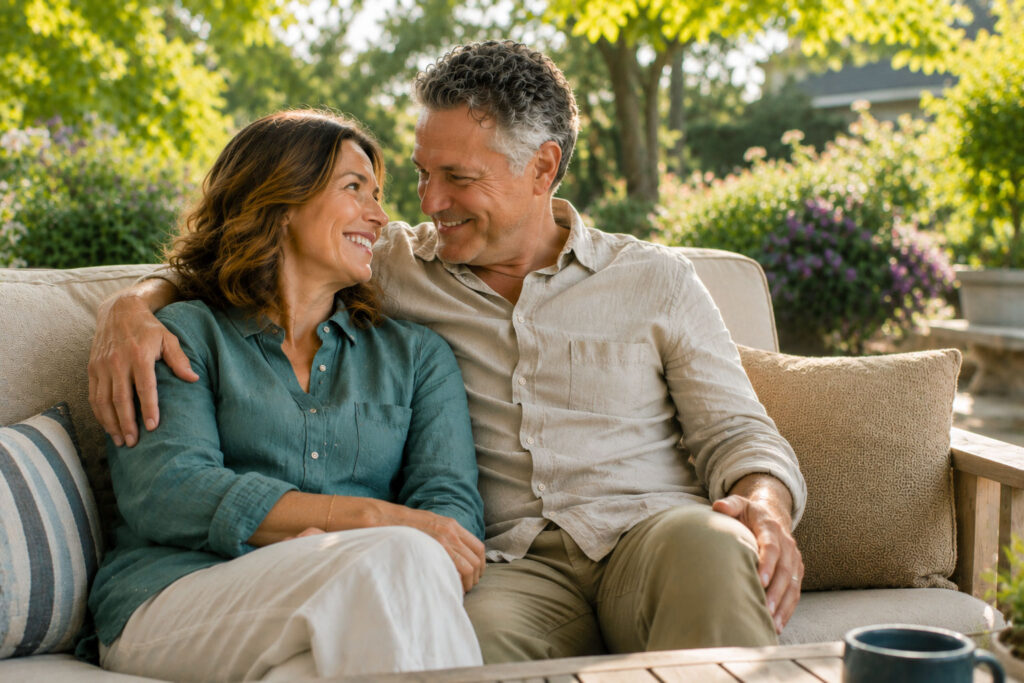 Couple in their 50s sitting together on an outdoor patio sofa, sharing a warm, loving gaze in a sunlit summer garden.