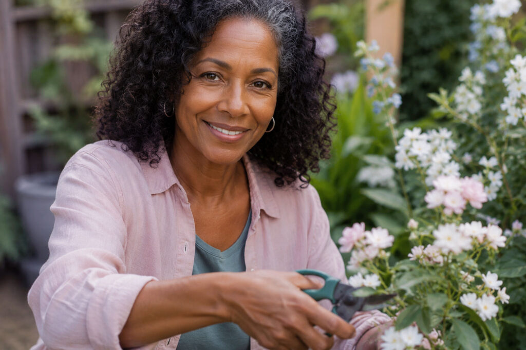 Black woman in her mid-50s smiling while trimming flowers in garden, surrounded by blooming plants in natural sunlight.