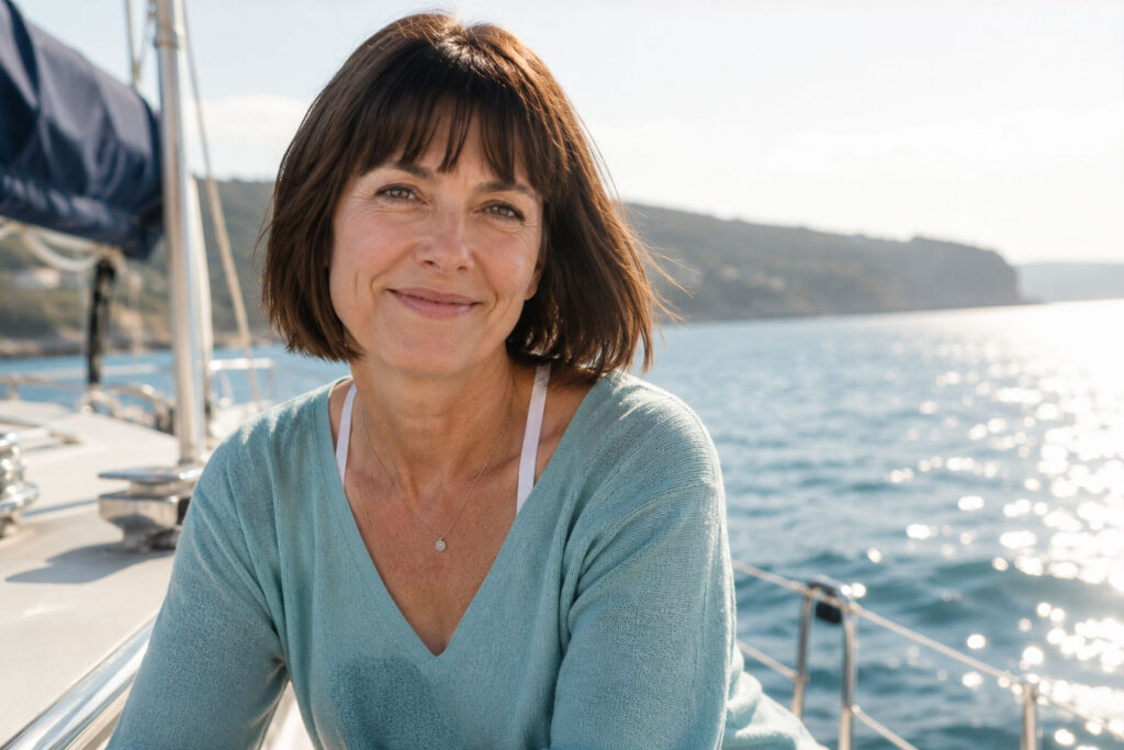 Woman in her early 50s with a dark bob haircut and bangs sitting on a sailboat, smiling confidently in soft natural sunlight with calm water and coastline in the background.