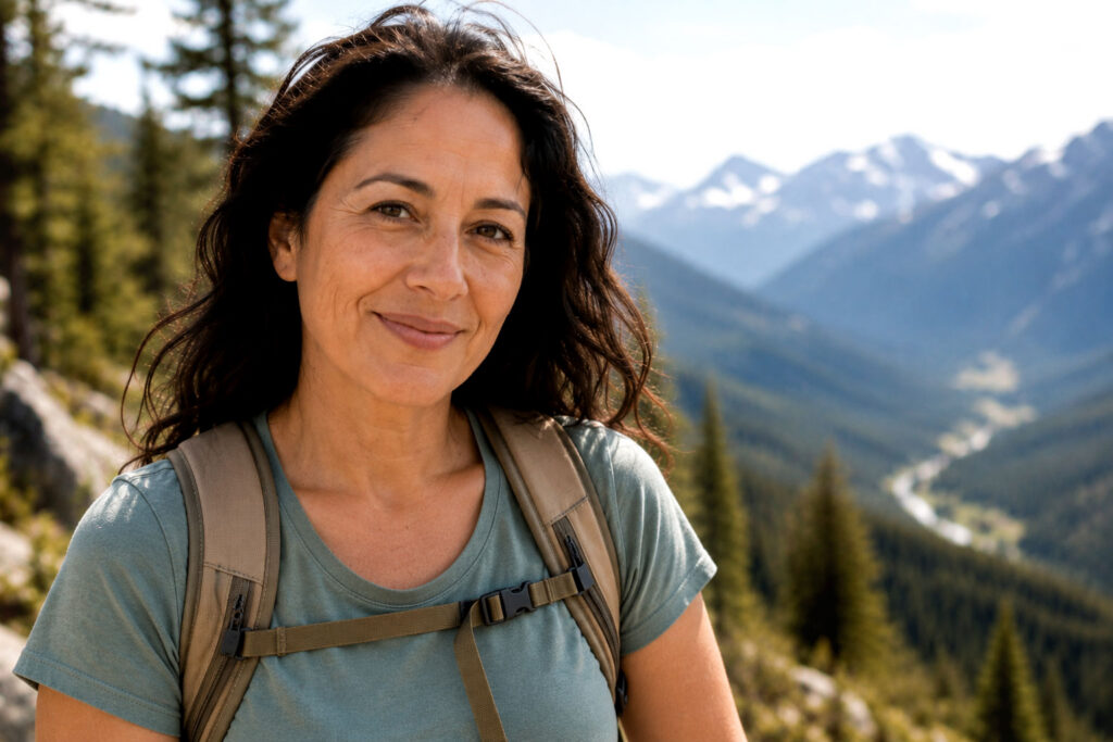 Hispanic woman in her late 40s wearing a muted teal T-shirt and hiking backpack, smiling with a scenic mountain valley and forested wilderness in the background.