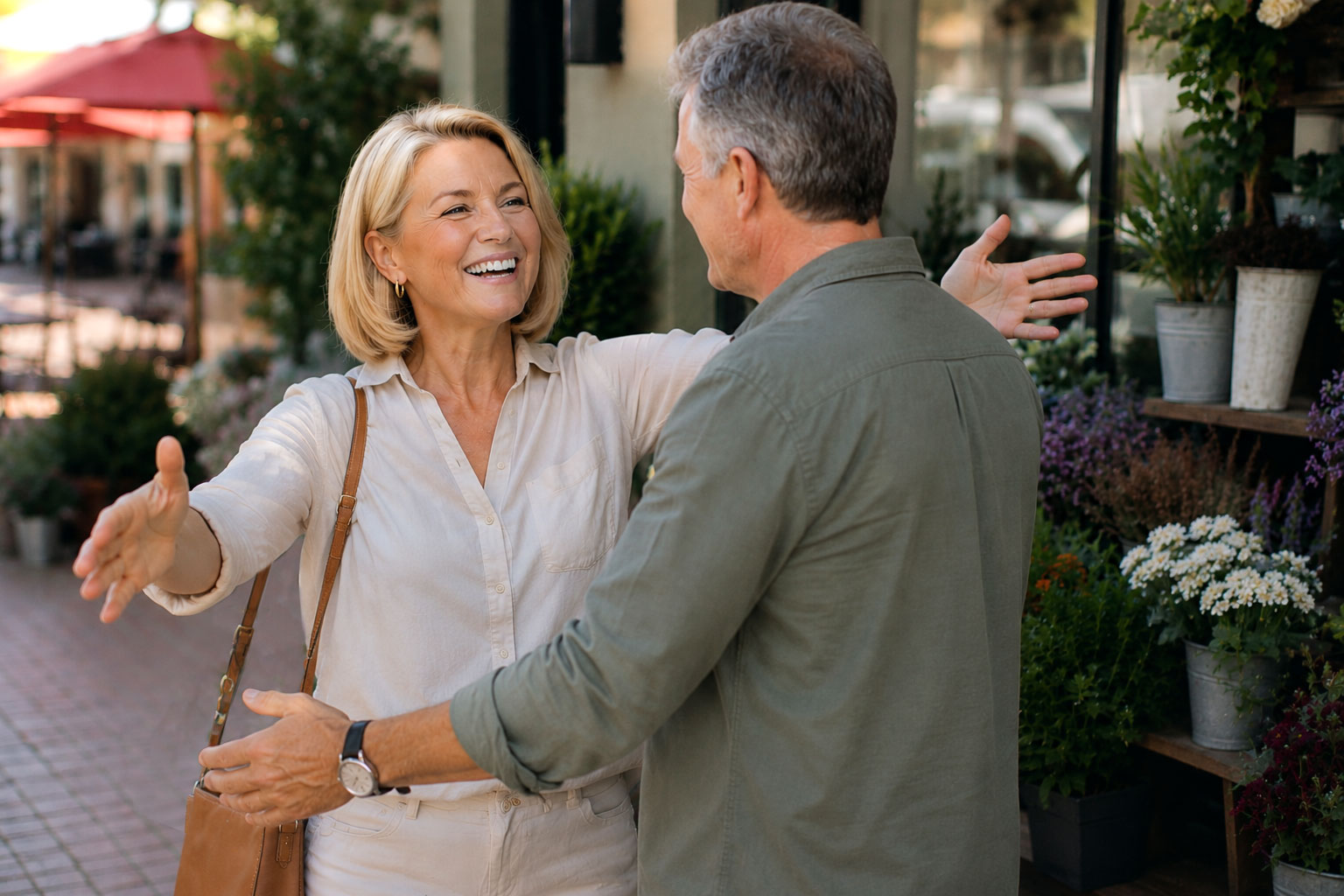 Woman in her mid-50s with a blonde bob warmly greeting her husband outside a neighborhood flower shop, smiling confidently surrounded by colorful flowers and greenery.