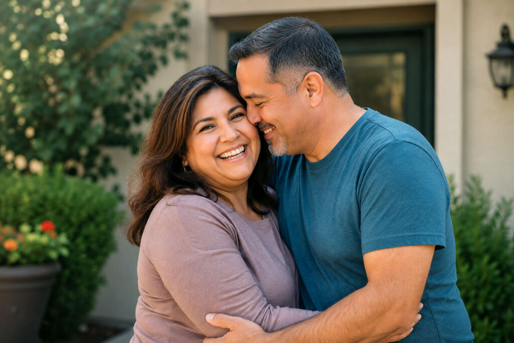 Hispanic couple in their 50s sharing a warm embrace in the front yard of their home, smiling naturally in soft evening light.