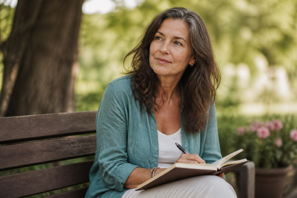 Middle age woman on park bench with journal