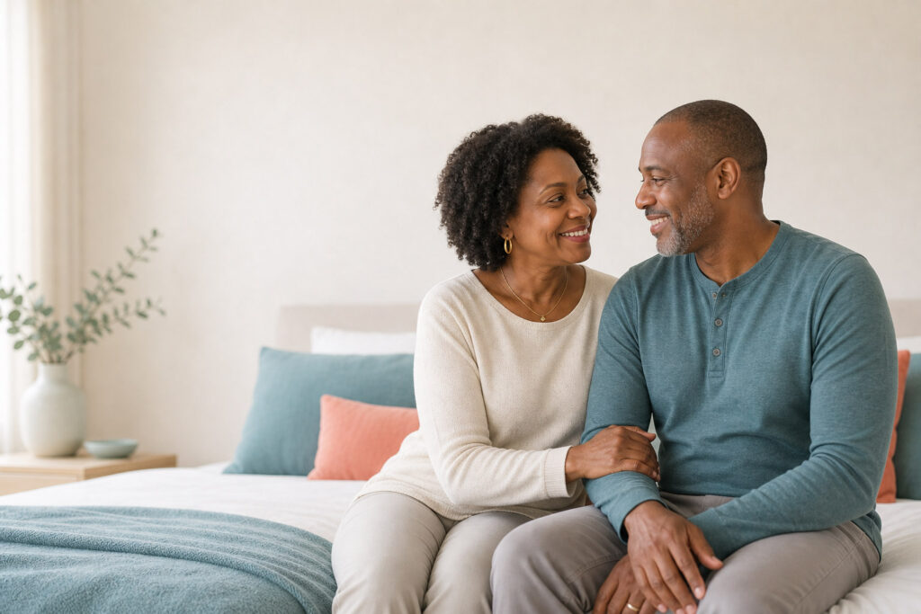 Black couple sitting on bed with a loving interaction