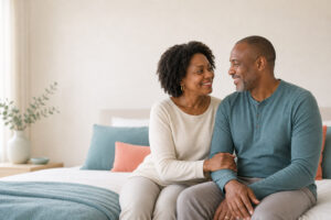 Black couple sitting on bed with a loving interaction