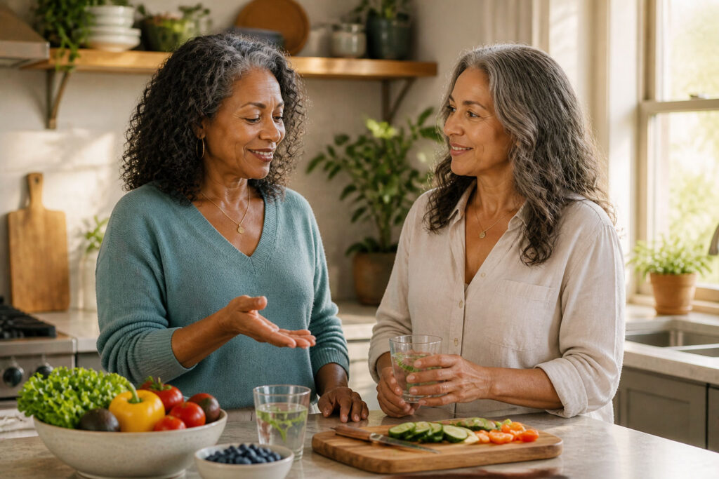 2 Women of color discussing food in a kitchen setting
