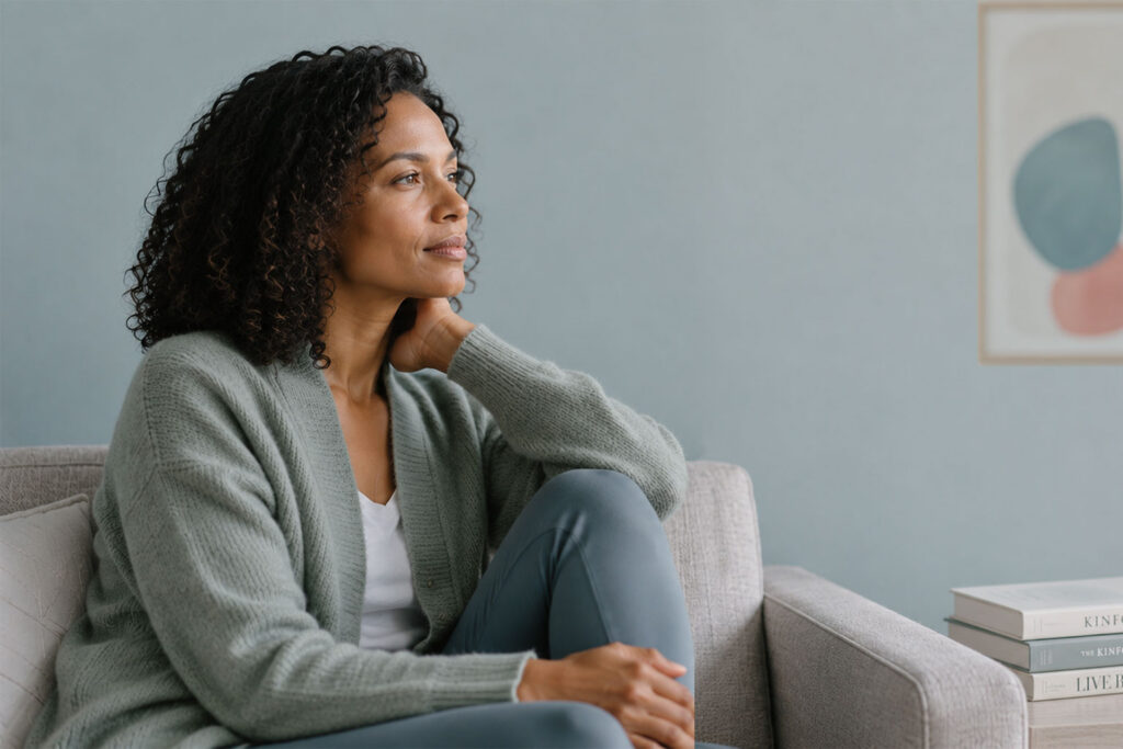 Black woman sitting on sofa quietly