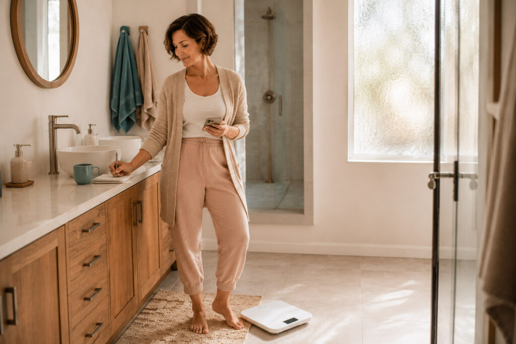Woman with short haircut with a scale on the bathroom floor making notes of her weight