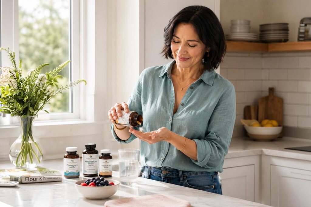 Smiling woman in kitchen measuring out supplements