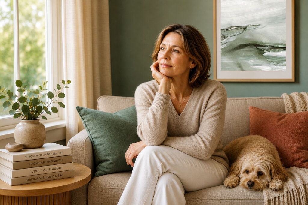 Woman on sofa looking pensive with small dog