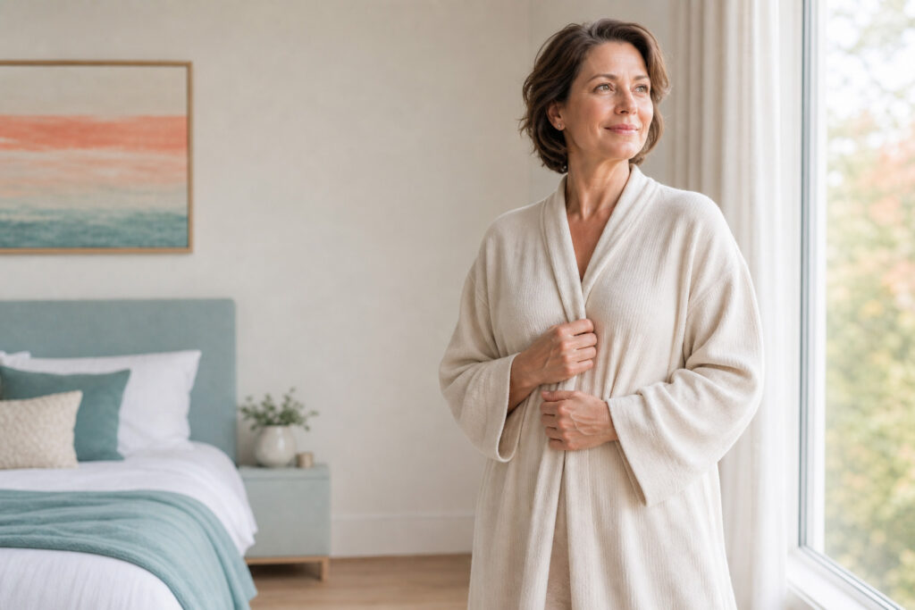 Smiling white woman in a bathrobe
