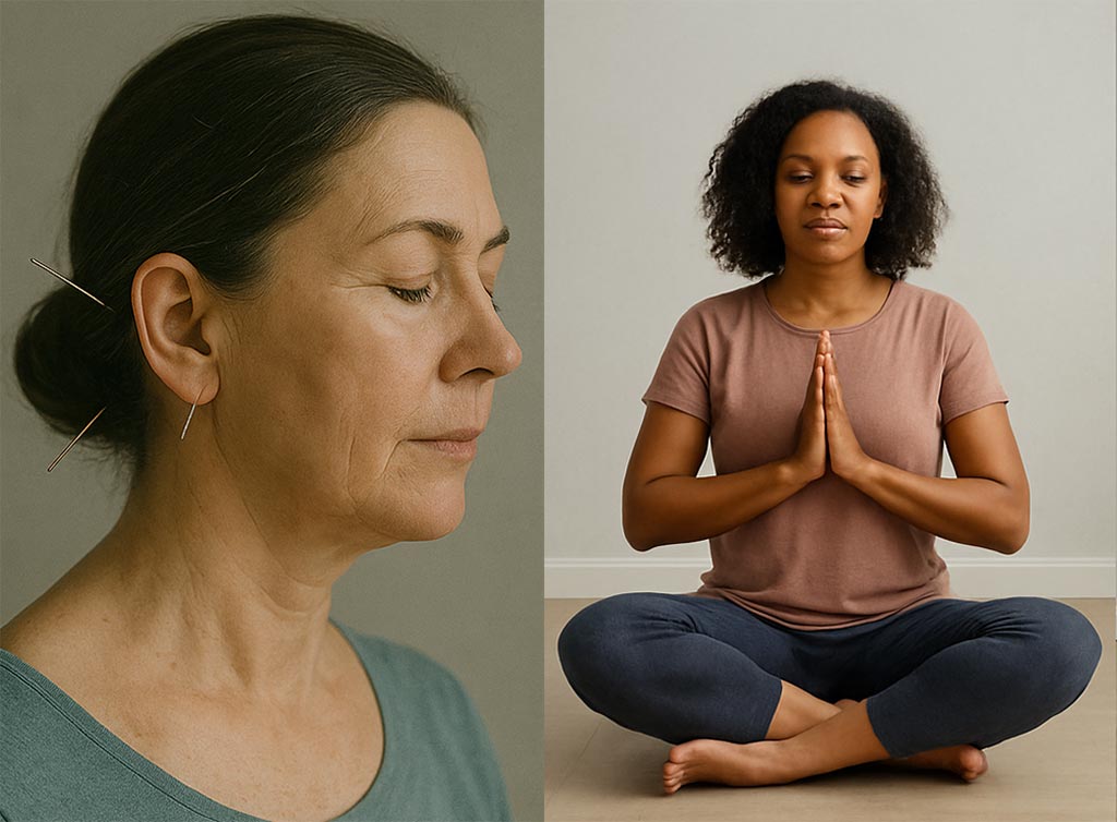 insomnia-help-acupuncture-meditation-1024px insomnia help showing a white older women with acupuncture needles in face & a black women meditating