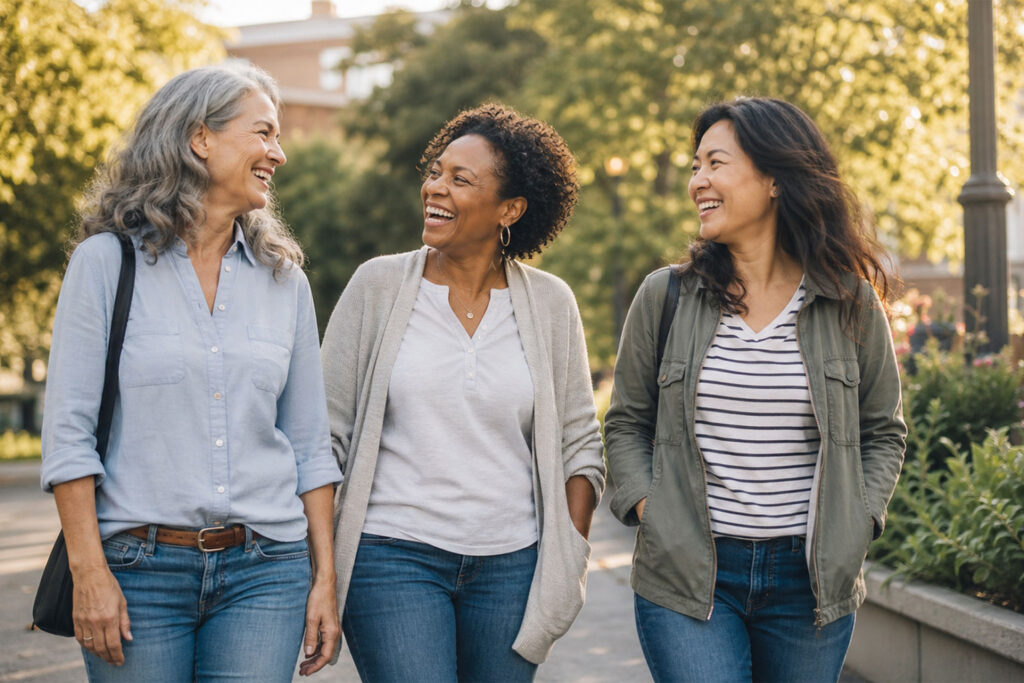 3 engaged women, white black and asian walking together outside