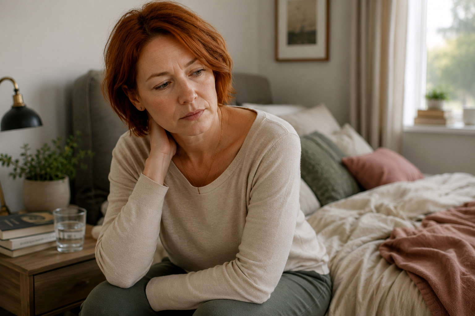 Adrenal fatigue - white woman sitting on bed with head resting on hand looking tired
