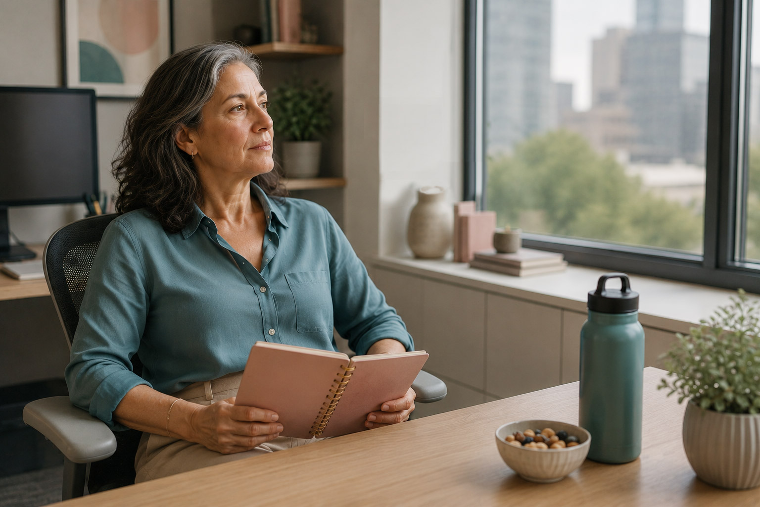 White woman in her office pausing and taking a break and looking out the window, book in her lap