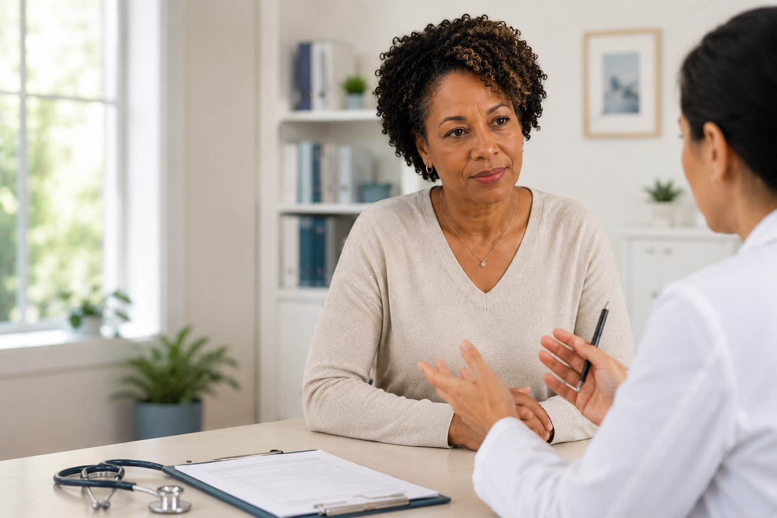 Black woman in office with clinician discussing brain fog during peri menopause and menopause