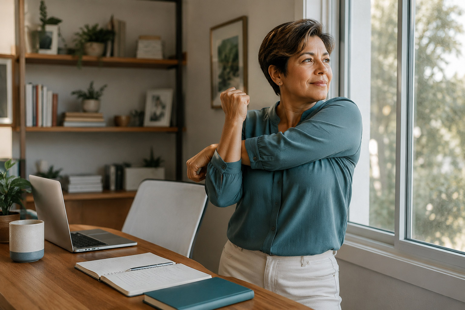 Hispanic woman in home office stretching her arms for b rain fog post