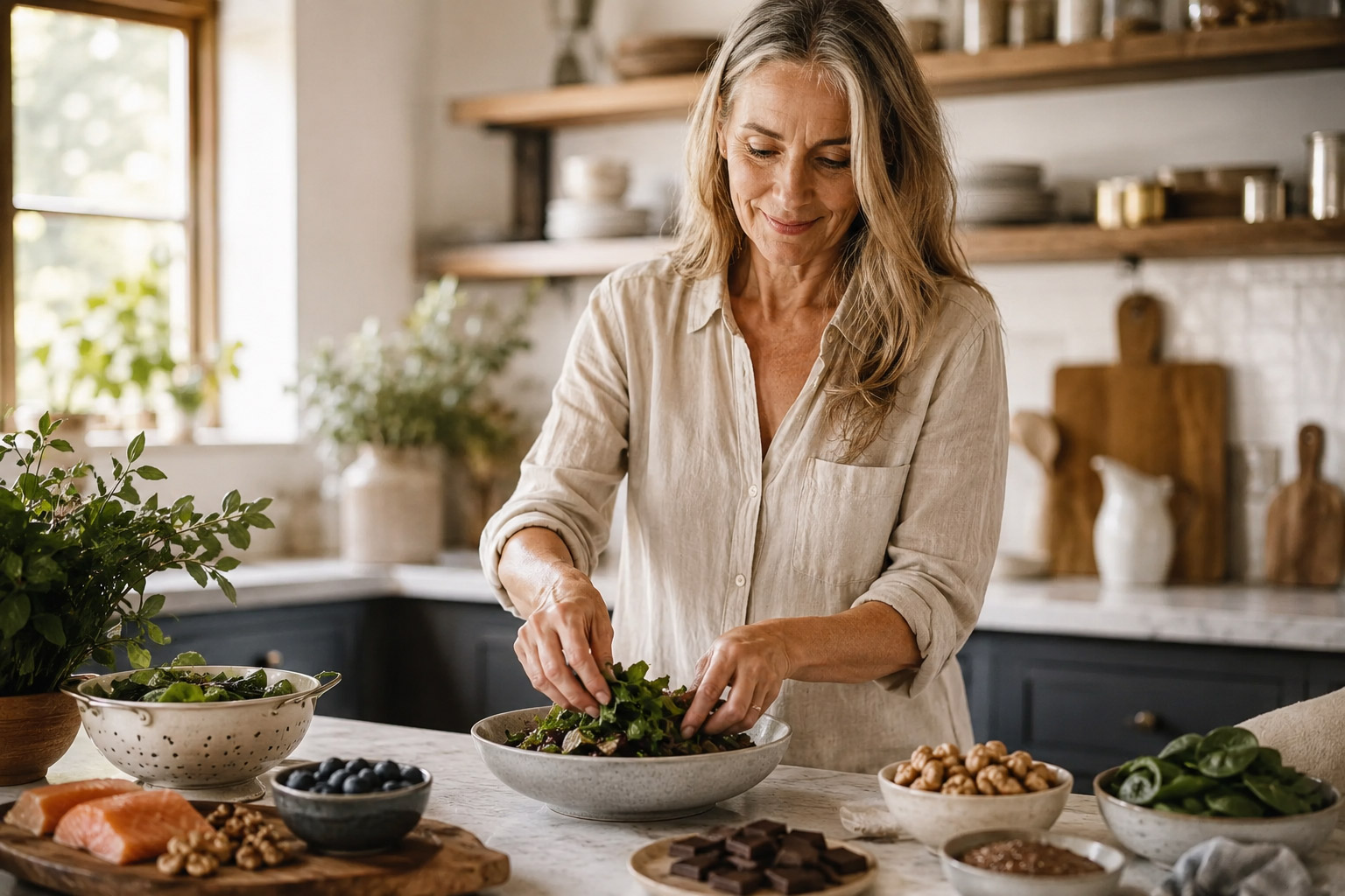 White woman in kitchen preparing nutritious food to help with brain fog